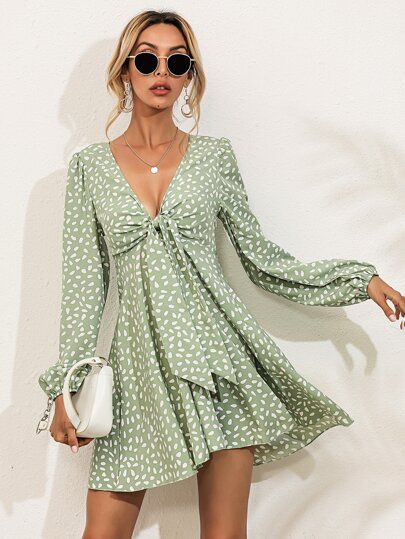 Lantern Sleeve Tie Front All Over Print Dress | SHEIN