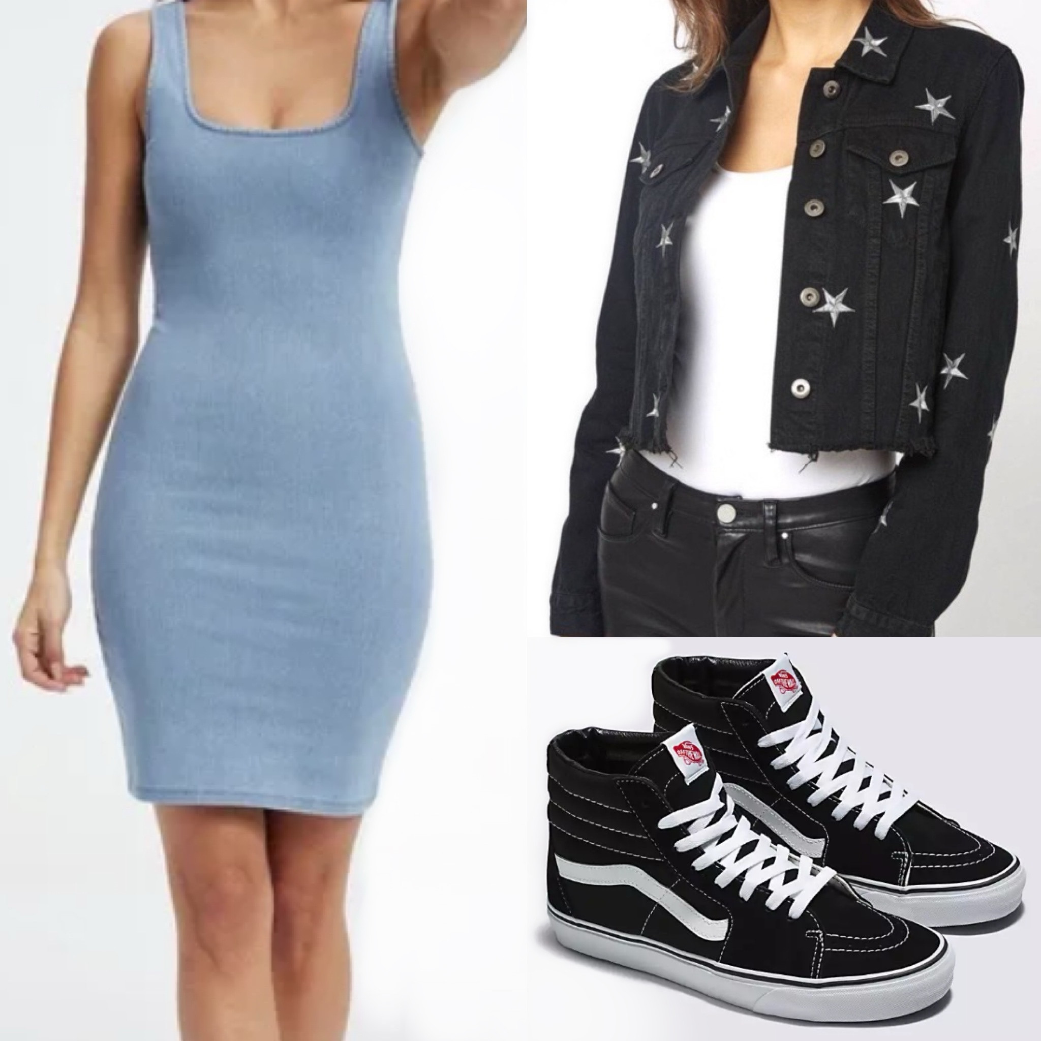 Casual day wear. Denim mini dress & sneakers, with black denim jean jacket. 

#LTKparties