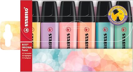 STABILO - BOSS ORIGINAL Pastel - Highlighter - Pack of 6 - Milky Yellow, Creamy Peach, Pink Blush... | Amazon (US)