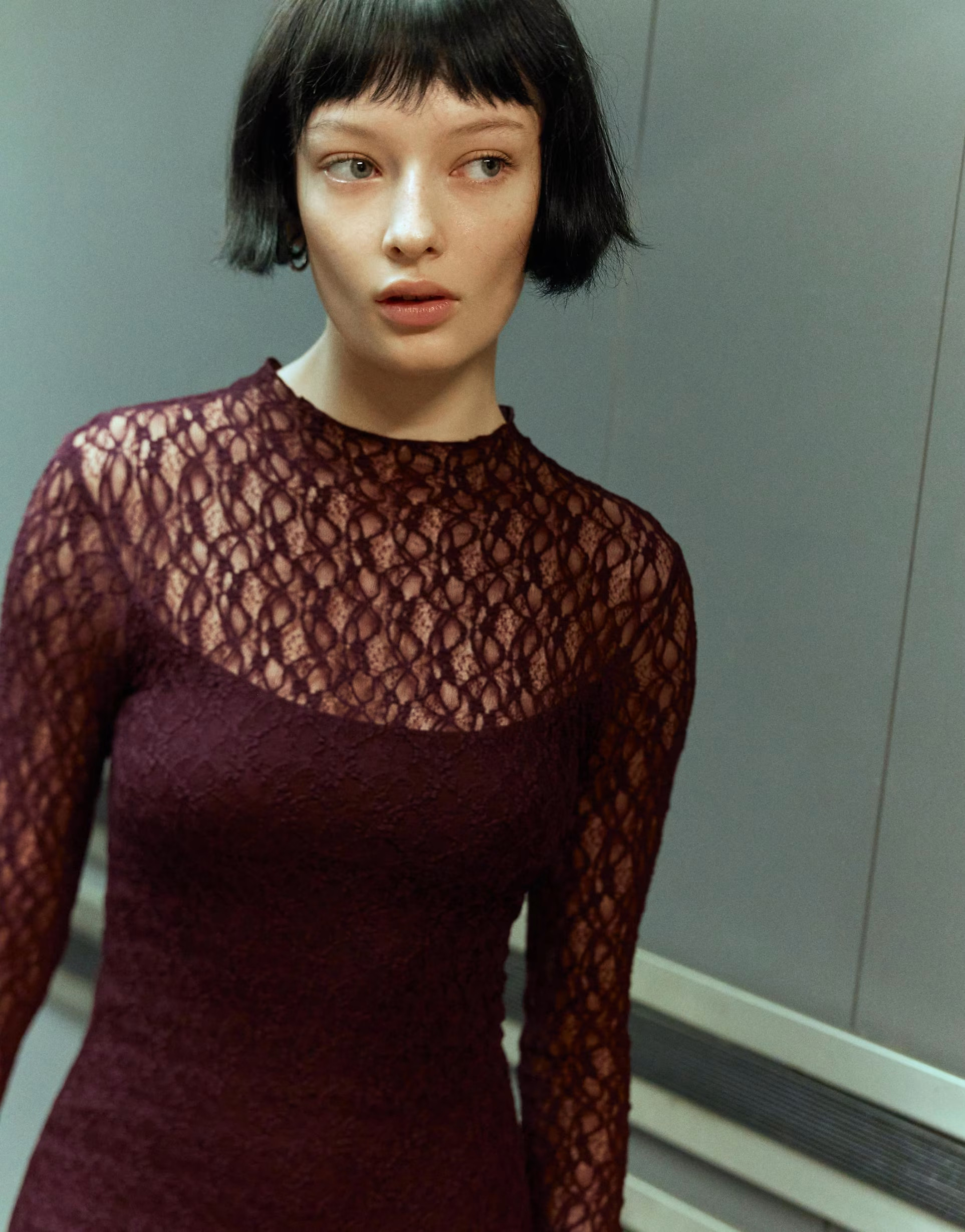 Bershka Blonde lace long-sleeve midi dress in burgundy | ASOS (Global)