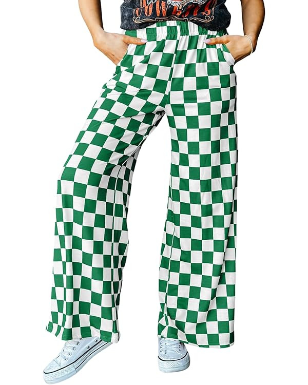 Acelitt Women's Summer Checkered Palazzo Pants Flowy Wide Leg Beach Trousers with Pockets | Amazon (US)