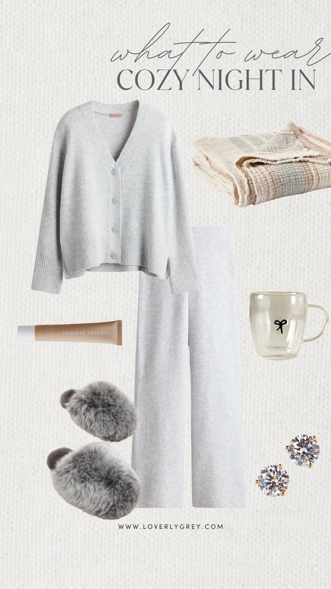 Loverly Grey, what to wear for a cozy night in! I love this matching set from H&M! I’d pair it with some fluffy slippers from Anthropologie, stud earrings, and a cup of tea. I’d cozy up with my blanket and keep my lips moisturized with the summer Fridays balm! Loverly Grey, what to wear, cozy night in 

#LTKSeasonal #LTKHoliday #LTKgrwm