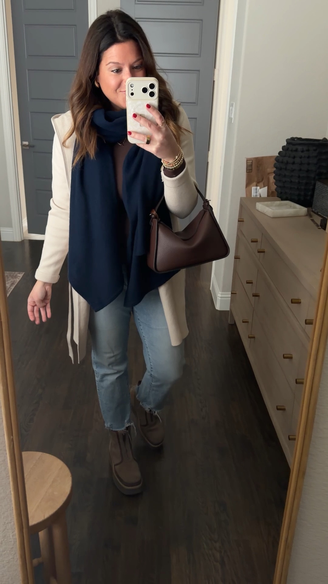 This rich chocolate brown  Clementine handbag from The Horse is soooo yummy! 🤎🤎🤎  I love the deep beautiful color and the leather smell is so good! It’s got the perfect amount of slouch and softness that makes it super easy to get in and out of but also so versatile to wear! Also! This navy blue cashmere scarf from Macy’s is the prettiest blue! 

#LTKWorkwear #LTKootd #LTKOver40