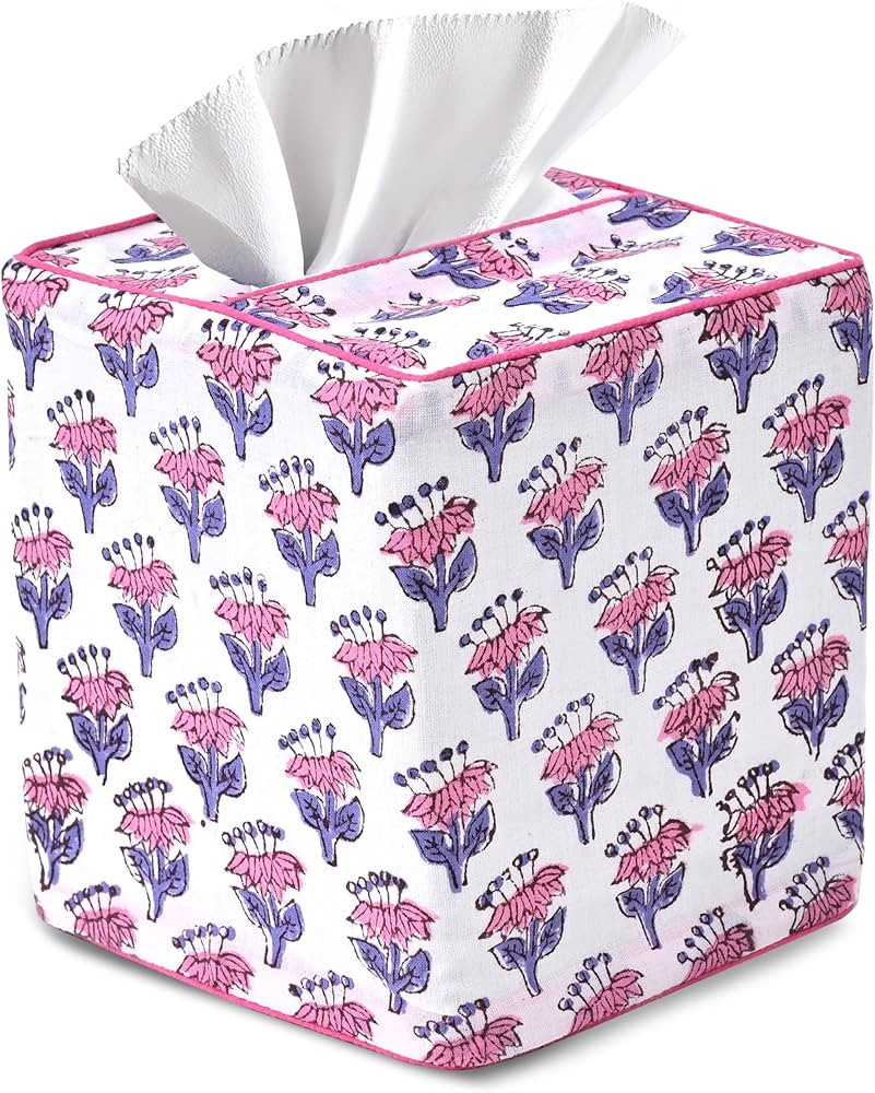 CPC Pink Sapphire Hand Block Printed Cotton Tissue Box Cover 5" x 5" x 5.5" Square Soft Reusable ... | Amazon (US)