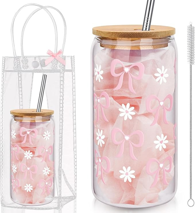 Coquette Bow Aesthetic Cup with Clear Gift Bag, Glass Cups with Lids and Straws, 16 oz Iced Coffe... | Amazon (US)