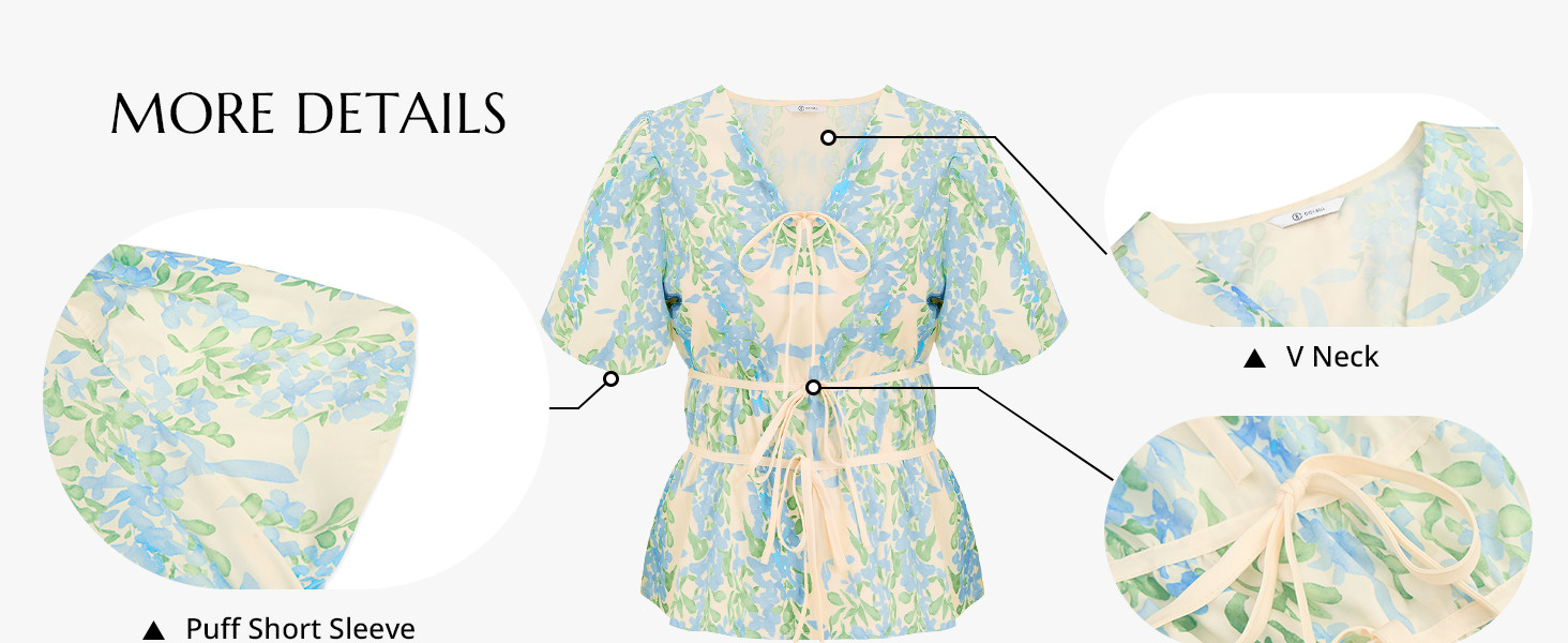 Amazon.com: Cicy Bell Womens Puff Sleeve Tie Front Tops Summer Babydoll Peplum V Neck Blouse Casu... | Amazon (US)