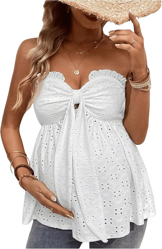MakeMeChic Women's Maternity Summer Clothes Tube Tank Tops Eyelet Embroidery Strapless Cut Out Pr... | Amazon (US)