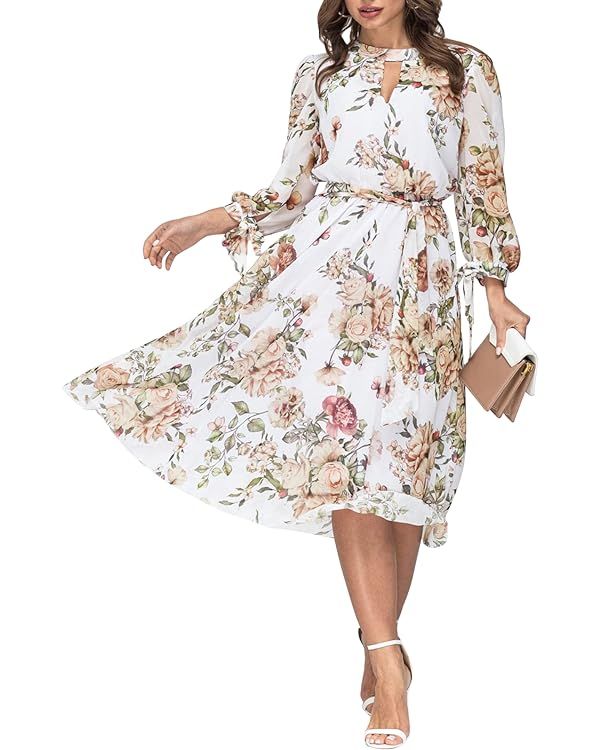 Women's O-Neck Elastic Waist Floral Flared Midi Dresses Bohemian Chiffon Casual Dress with Belt | Amazon (US)
