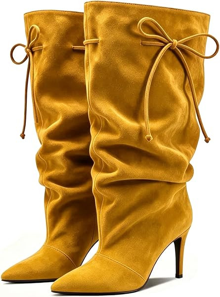 Women's Pointed Toe Slouch Mid Calf Boots, 8CM Stiletto Heel Bow Lace Up Suede Dress Boots for Party Daily Evening Wear | Amazon (US)