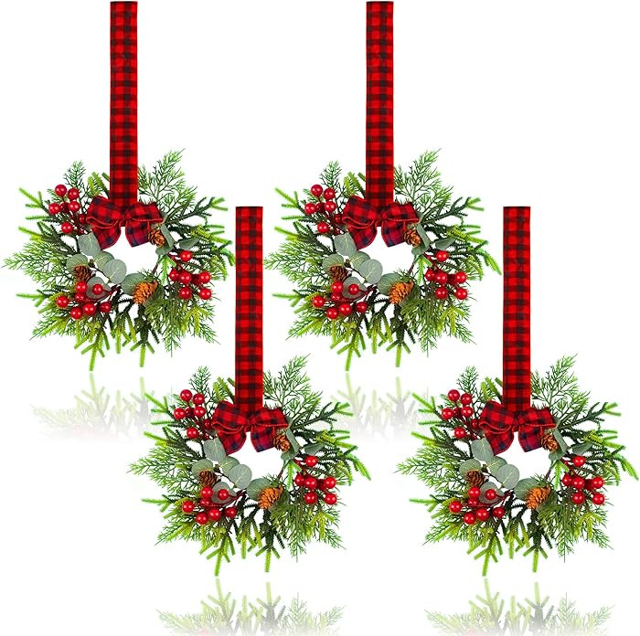 4Pcs Small Christmas Wreath - Mini Wreaths with Red Berry Pine Eucalyptus Christmas Wreaths for D... | Amazon (US)