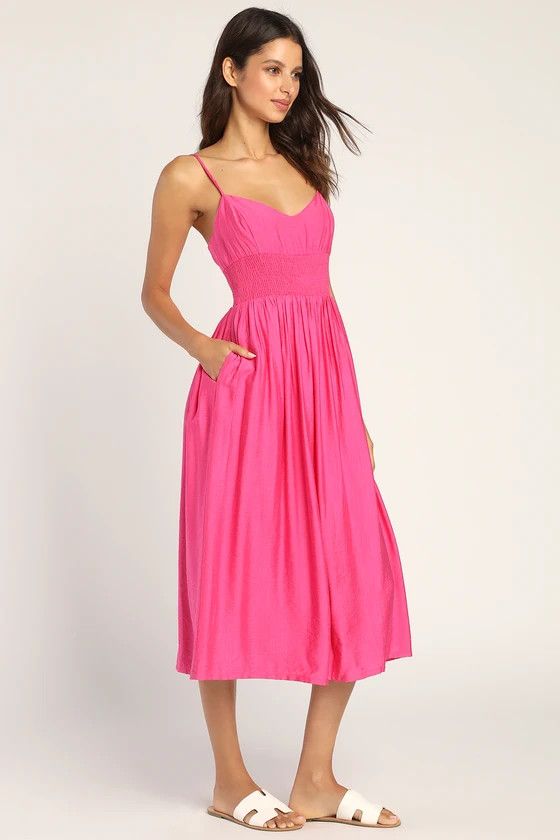 Full Heart Hot Pink Smocked Midi Dress | Lulus (US)