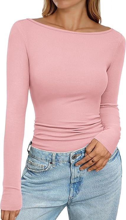 PRETTYGARDEN Long Sleeve Shirts for Women Fall Boat Neck Ribbed Knit Ruched Fitted Going Out Tops... | Walmart (US)