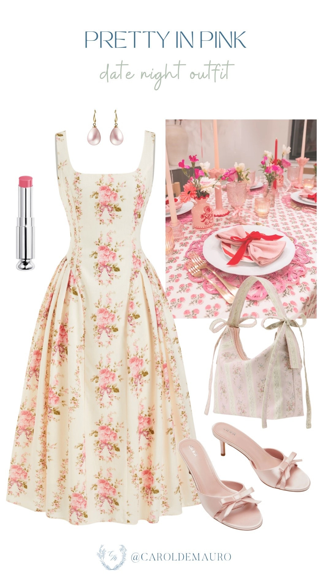 date night outfit, pink floral dress, floral and bow bag, bow kitten heels, midi dress, pearl drop earrings, romantic outfit, feminine look

#LTKootd #LTKPetite #LTKU