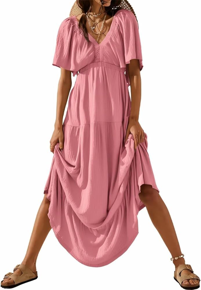 Acelitt Women Casual V Neck Short Sleeve Tiered Long Maxi Dress,S-XXL | Amazon (US)