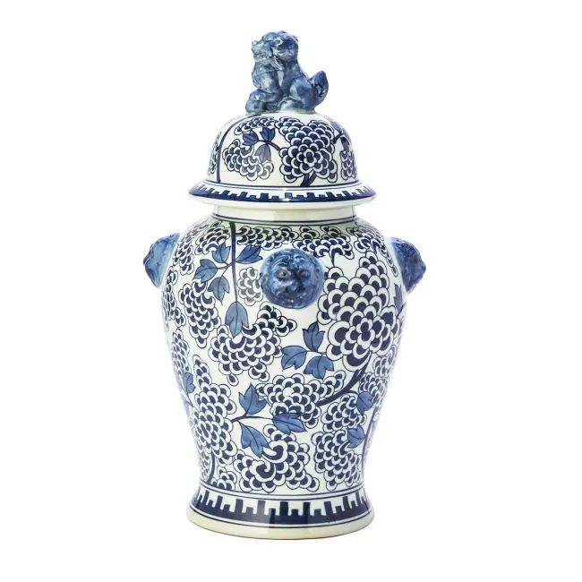 Blue and White Peony Flower Covered Temple Jar with Lion Accents Hand-Painted Porcelain | Gracious Style