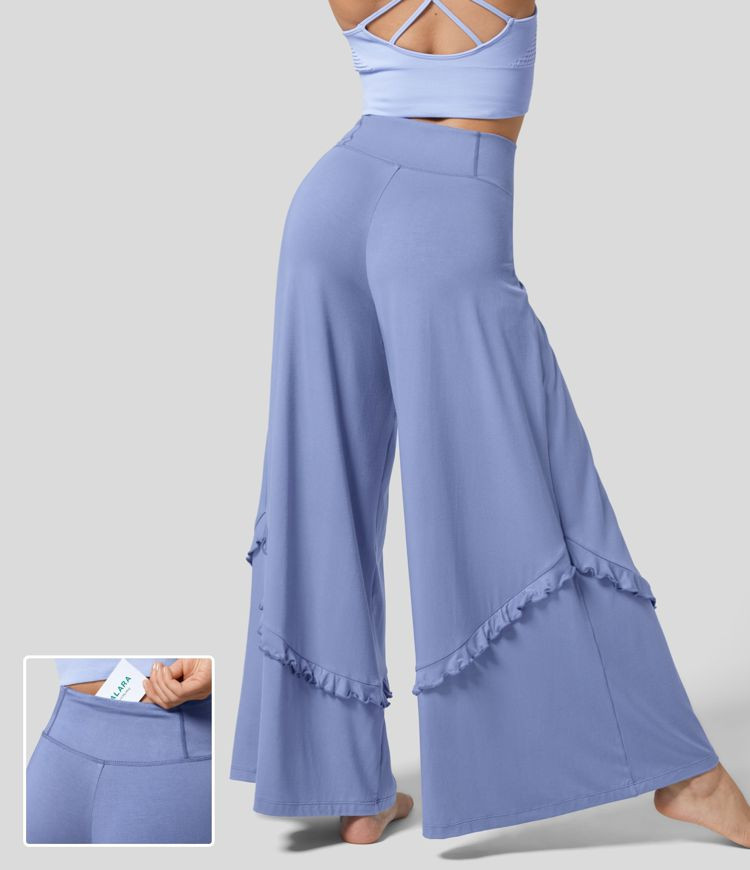 Women’s Mid Rise Back Pocket Ruffle Flowy Wide Leg Casual Pants - Halara | HALARA