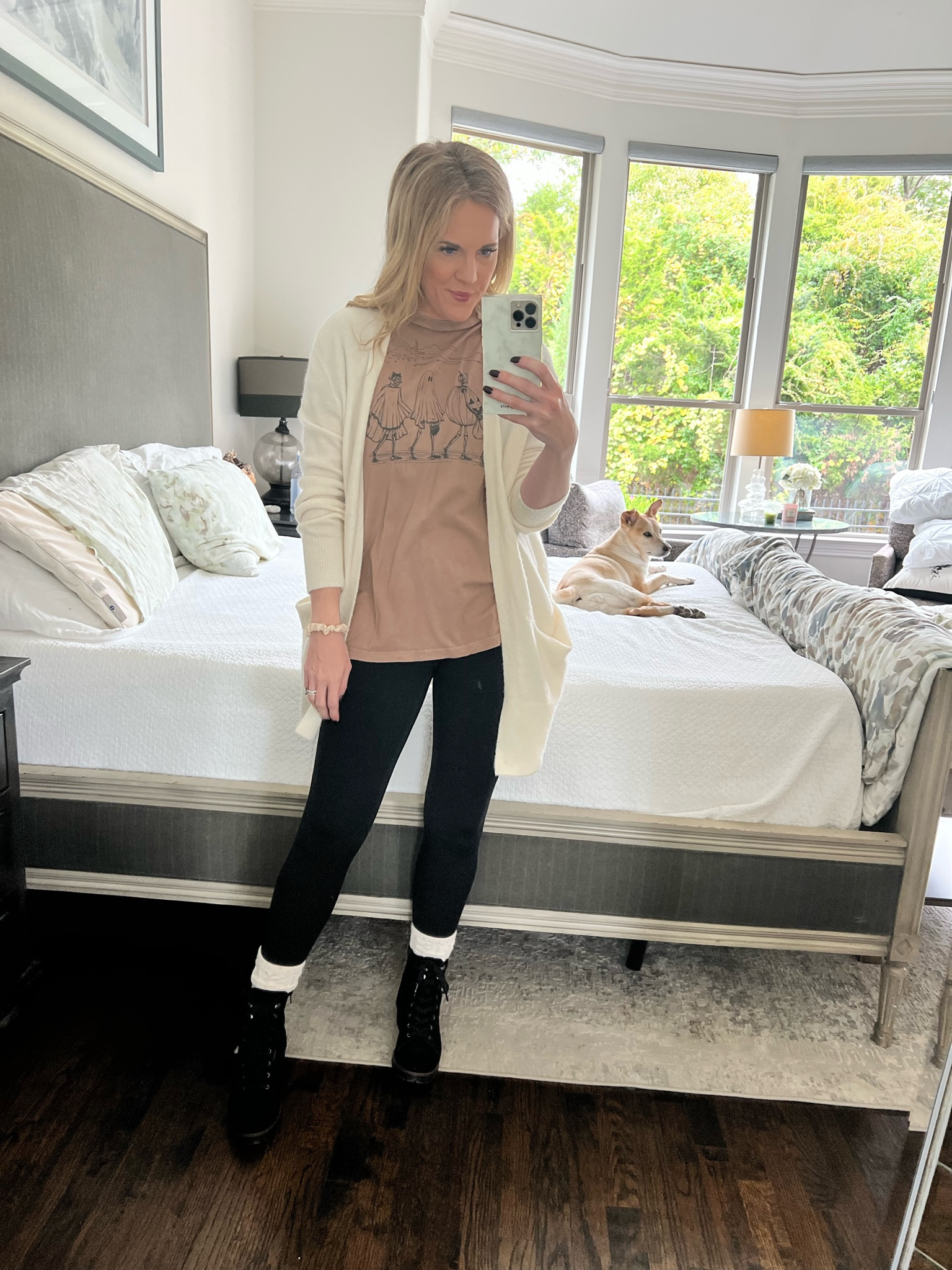 Halloween graphic tree 
American eagle oversized tee 
Aerie leggings 
Chelsea boots 
Black boots 
Crew socks 
Winter socks 
Cardigan 

#LTKsalealert #LTKfindsunder50 #LTKHalloween