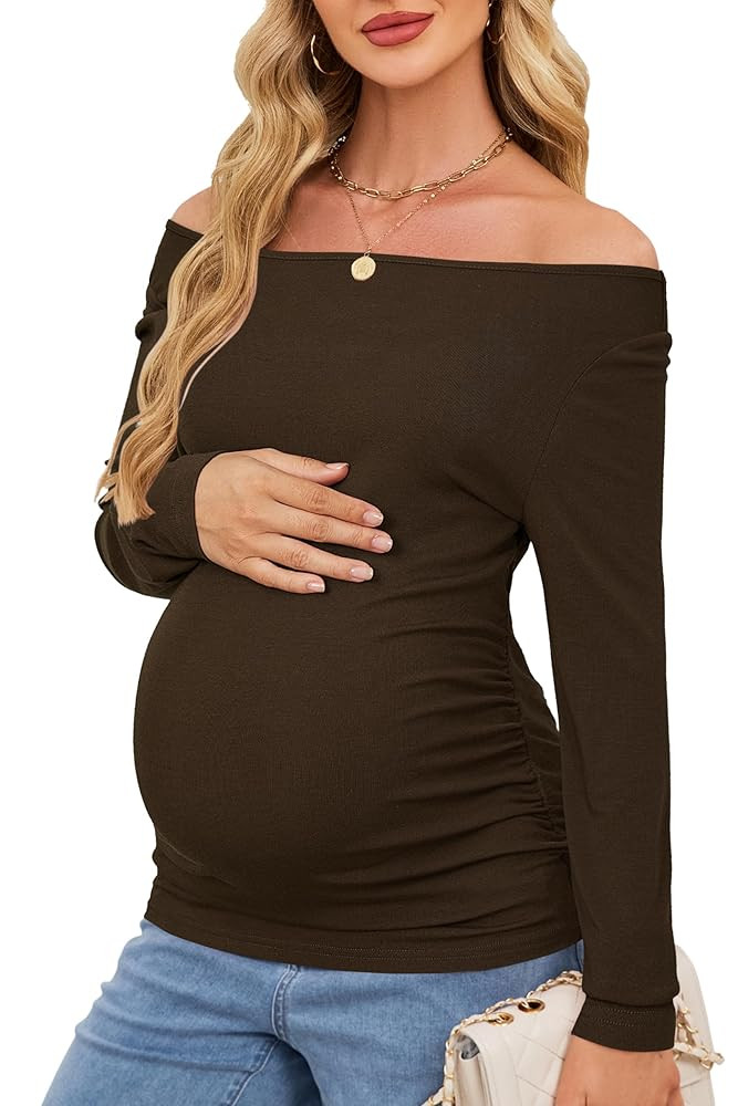 OUGES Womens Stretchy Wool Blend Off The Shoulder Side Ruched Maternity Tops Casual Going Out Tre... | Amazon (US)
