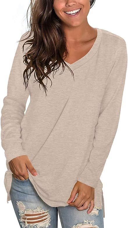 Womens Long Sleeve T Shirts V Neck Cute Tops Side Split Tees Tshirt S-XXL | Amazon (US)
