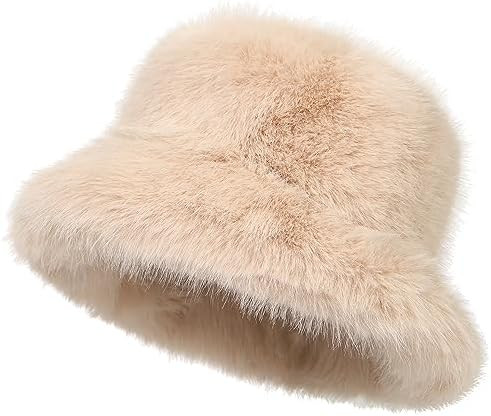 LA CARRIE Women's Fuzzy Wide Brim Faux Fur Bucket Hat Winter Warmer Fisherman Cap | Amazon (US)