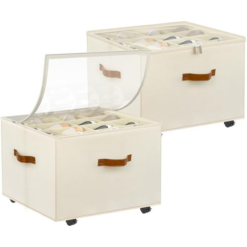 Shoe Organizer for Closet, 2 Pack Shoe Storage Organizer with Wheels and Adjustable Dividers, Stackable Shoe Storage Box with Clear Cover, Foldable Closet Shoe Organizer Fits up to 16-32 Pairs, Beige | Amazon (US)
