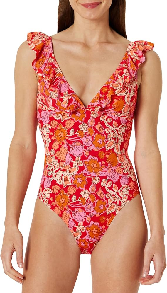 Amazon Essentials Women's Ruffle v-Neck one-piece Swimsuit | Amazon (US)