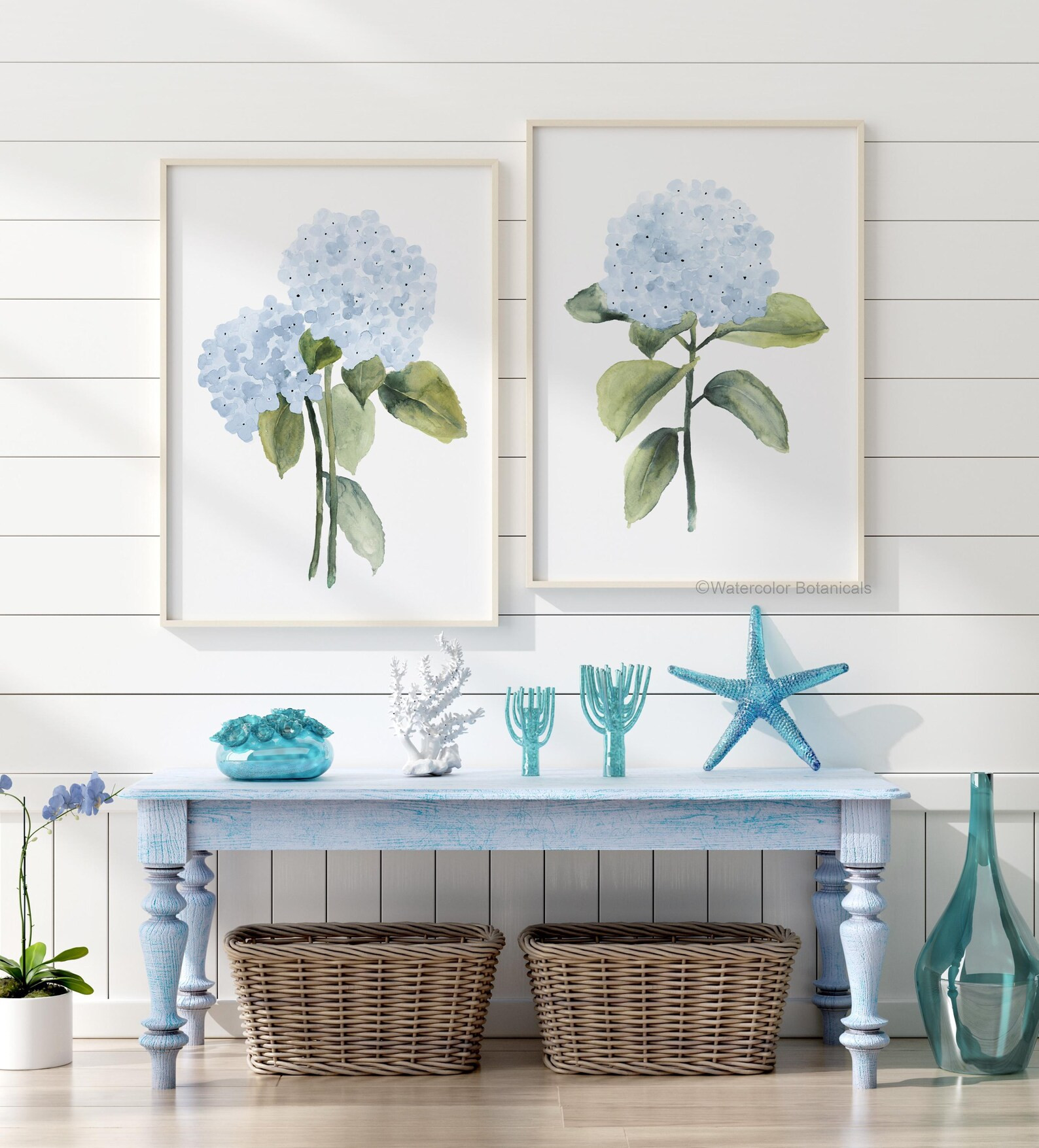Blue Hydrangea Flower, Modern Coastal Chinoiserie Decor, Watercolor Hamptons Set of 2 Prints, Bot... | Etsy (US)