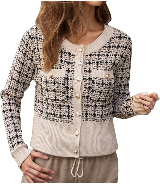 Women's Fashionable Elegant Sweater Coat Round Neck Button Up Cardigan Jacket Top Long Sleeved Sw... | Amazon (US)