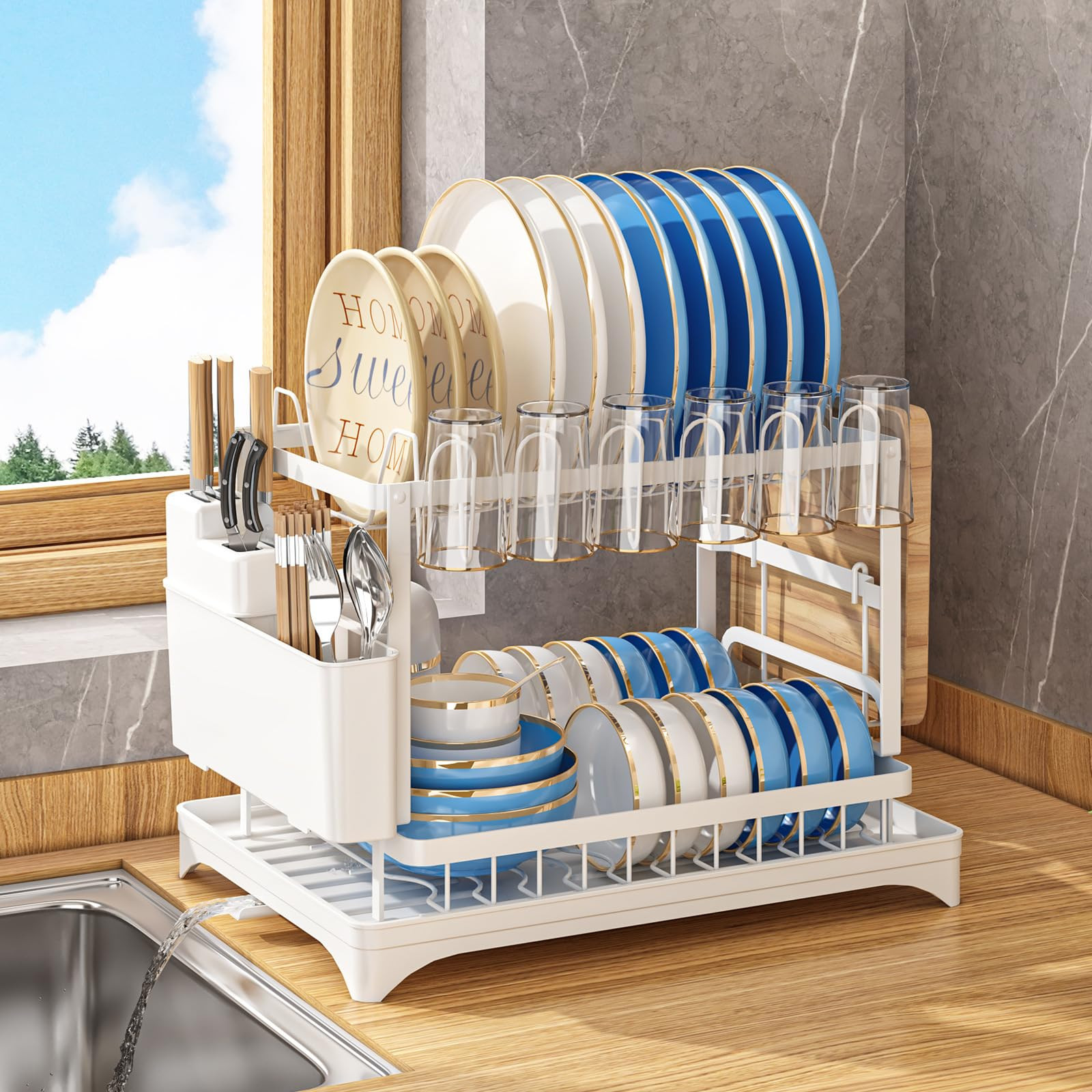 Dish Drying Rack for Kitchen Counter, 2-Tier Stainless Steel Dish Drainer with Drainboard & Utens... | Amazon (US)