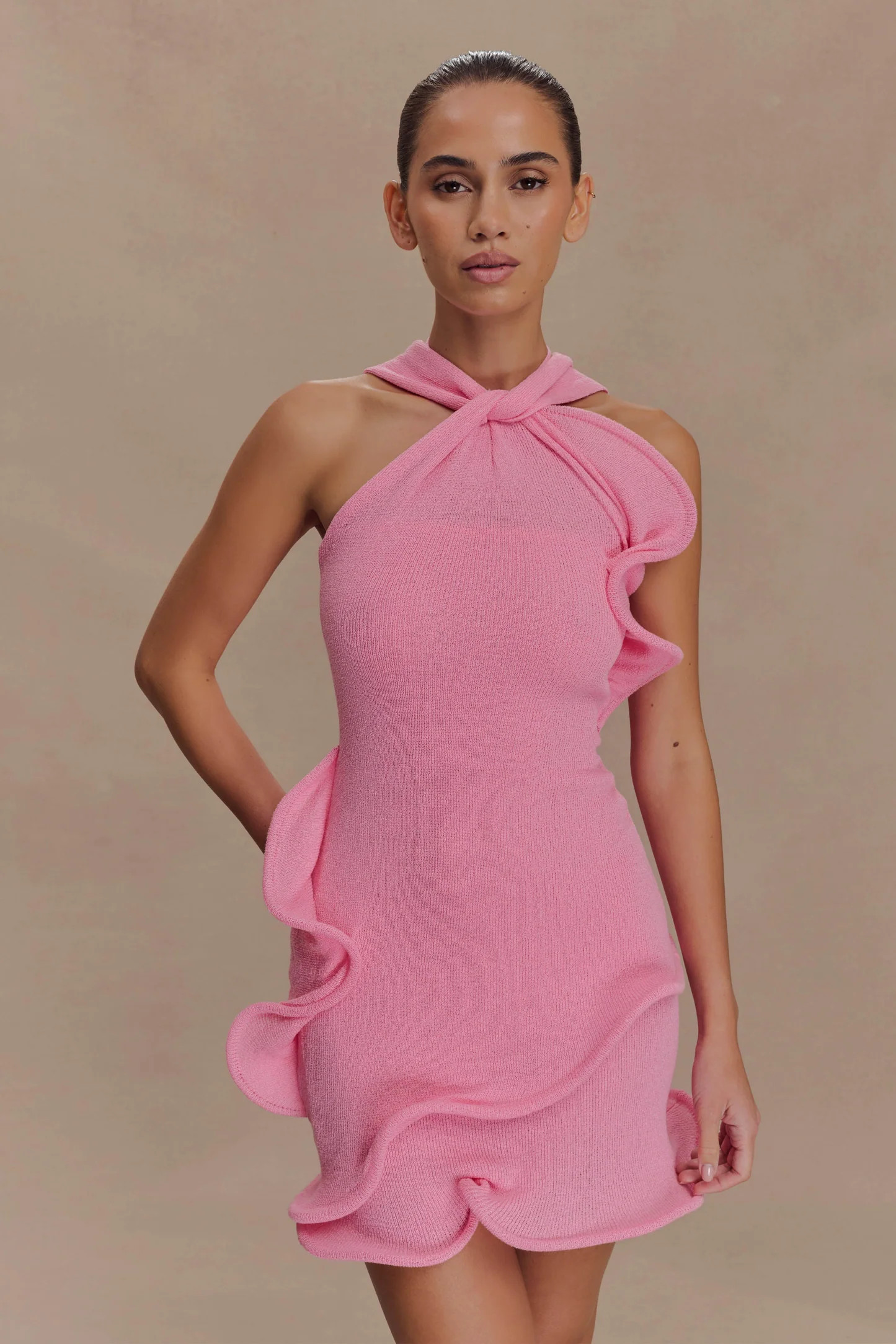 Halter Knit Mini Dress - Bubblegum Pink | MESHKI US