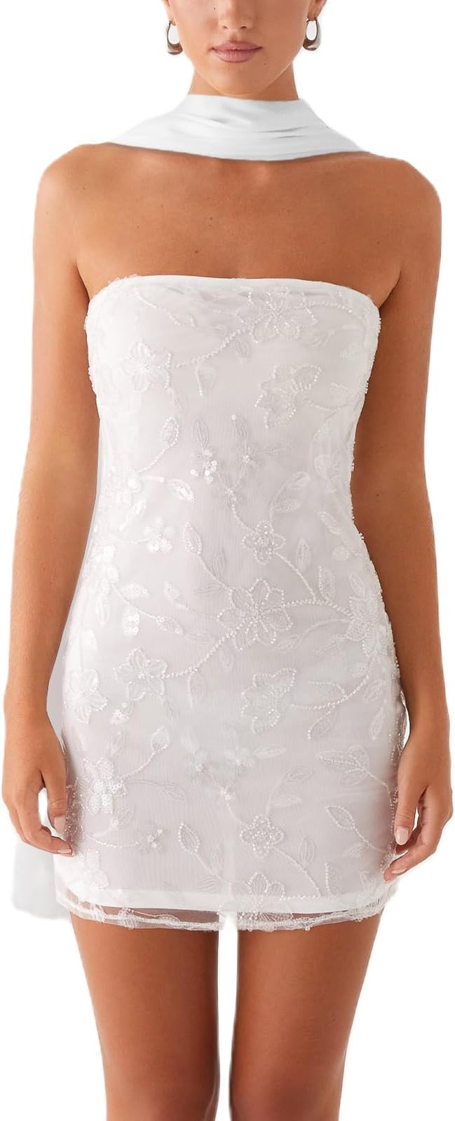 Women Sequin Sparkly Floral Tube Mini Dress with Scarf Y2k Sexy Pearl Embellished Bling Glitter B... | Amazon (US)