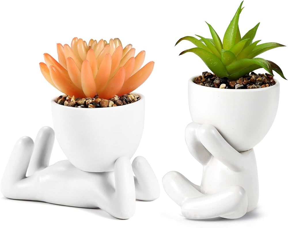 2Pcs Cute Succulents Plants Artificial Plants with Human Shaped Ceramic Pots, Small Faux Desktop ... | Amazon (US)