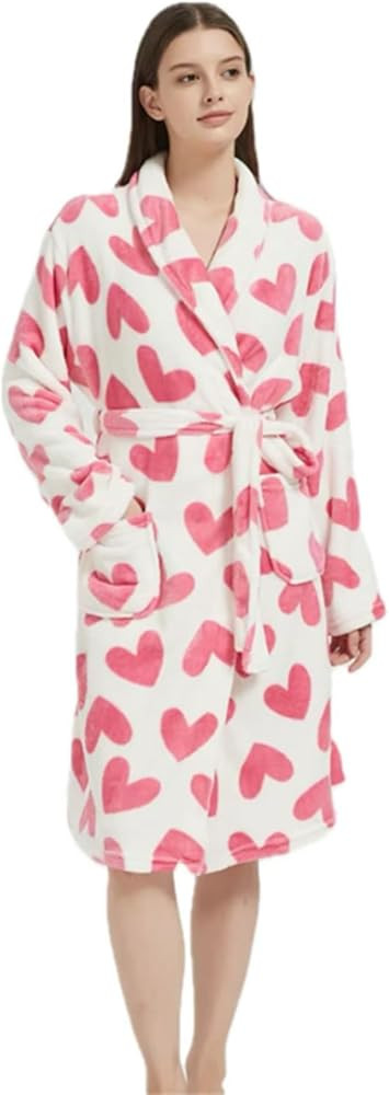 Women's Pink Heart Printed Wrapped Belted Flannel Lounge Robe, Casual Pocket Shawl Collar Thermal... | Amazon (US)