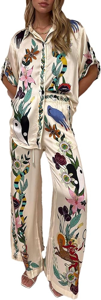 Women's Pajama Set Printed Lounge 2 Piece Outfits Soft Button Down Sleepwear Pants and Top | Amazon (US)