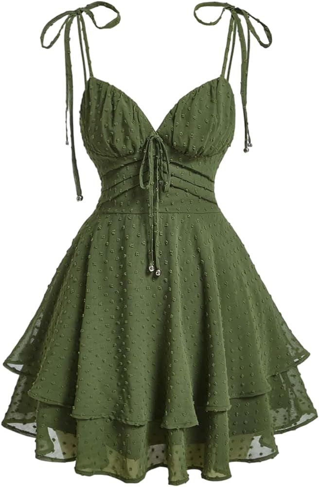 Verdusa Women's Swiss Dots Tie Shoulder Mini Dress Layered A Line Swing Cami Dress | Amazon (US)