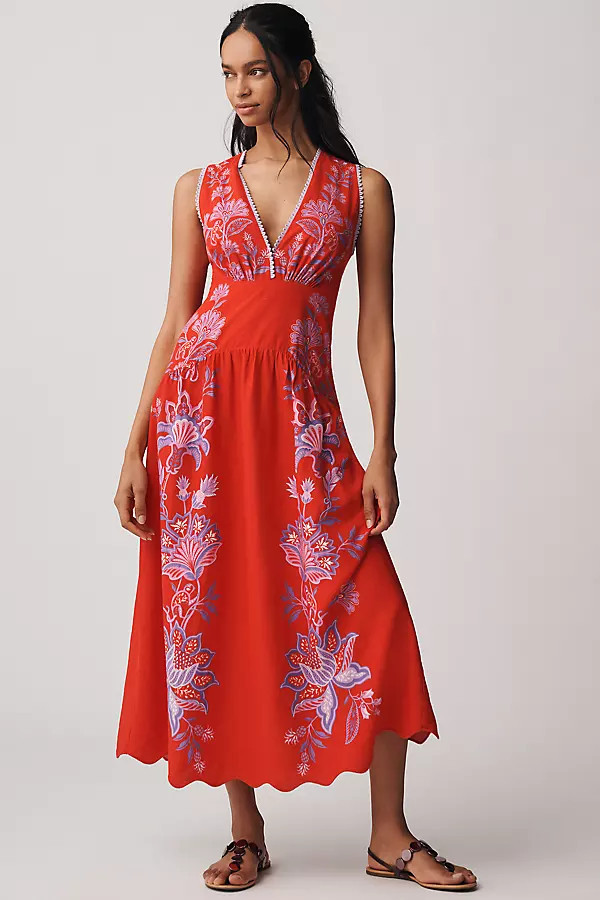 Porcelain Garden Red Linen A-Line Midi Dress | Anthropologie (US)
