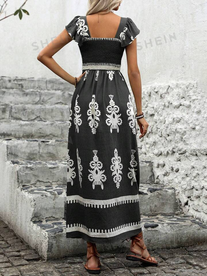 SHEIN VCAY Women's Color Block Vintage Pattern Summer Shirred Batwing Sleeve Dress | SHEIN