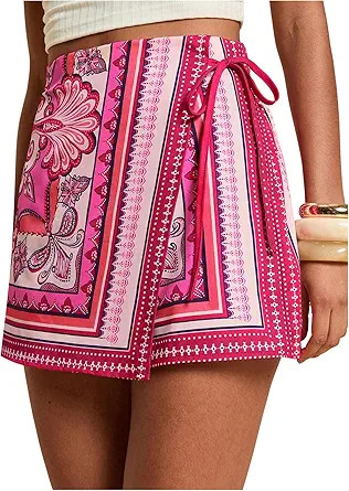 Women's Floral Graphic Skirt Shorts Drawstring Waist Tropical Boho Wrap Skorts | Amazon (US)