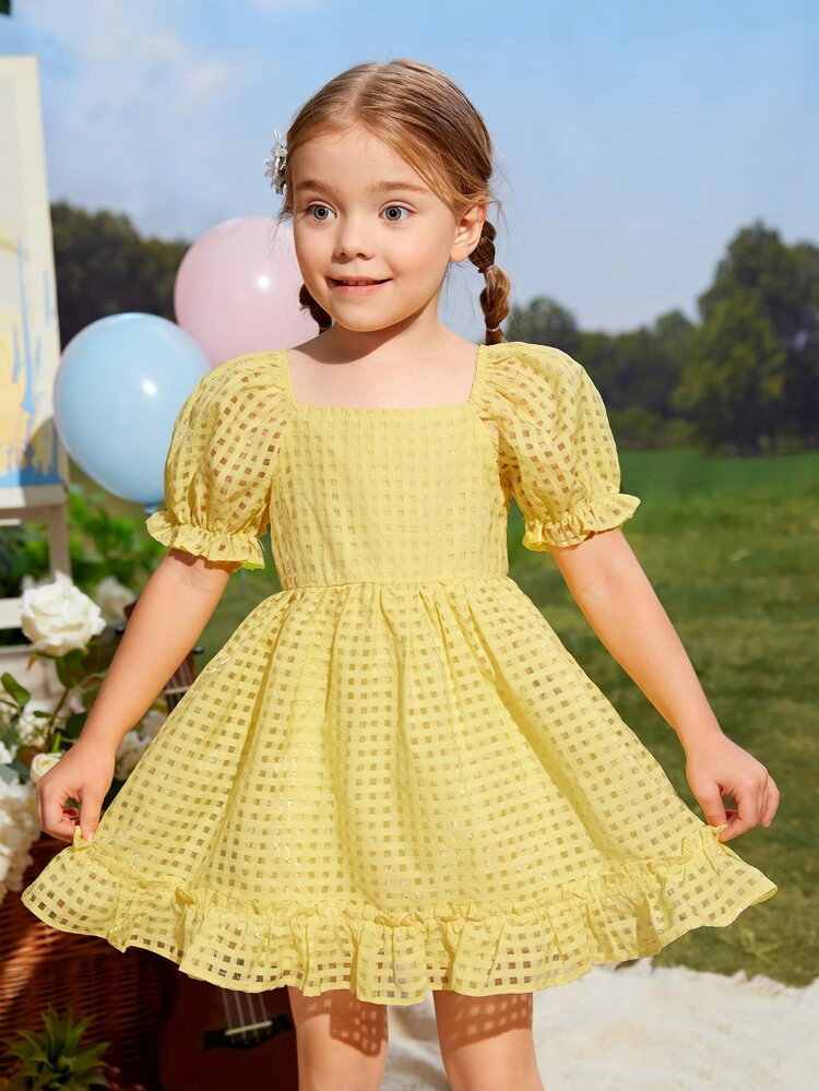 SHEIN Toddler Girls 1 PC Plaid Pattern Puff Sleeve Ruffle Hem Dress | SHEIN