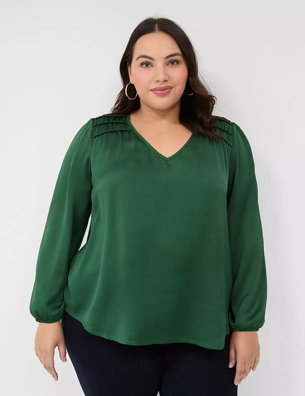 Smocked-Shoulder Satin & Knit Blouse | Lane Bryant (US)