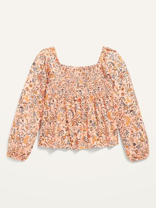 Smocked Floral-Print Jersey Long-Sleeve Top for Girls | Old Navy (US)