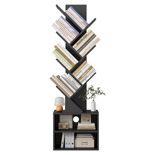 Azaeahom 6 Tier Tree Bookshelf, Wood Bookcase with Storage Cabinet, Modern Tall Narrow Bookshelves Organizer, Floor Standing Book Shelf for Bedroom/Living Room/Home Office/Corner (Black, 6 Tier) | Amazon (US)