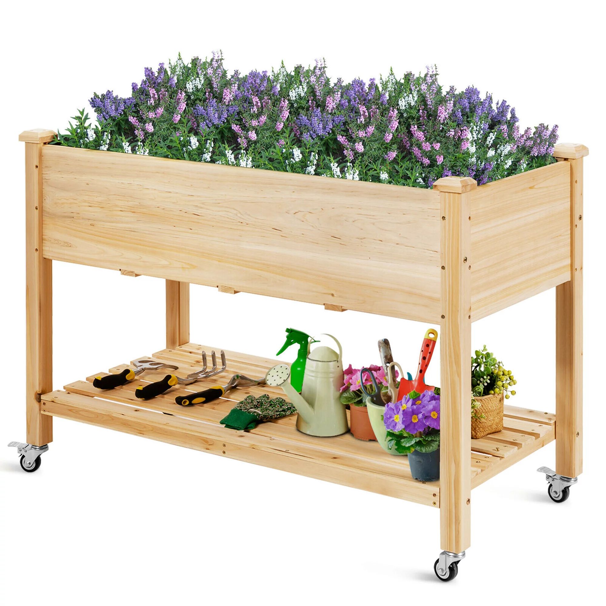 Gymax Raised Garden Bed Wood Elevated Planter Bed w/Lockable Wheels Shelf & Liner | Walmart (US)