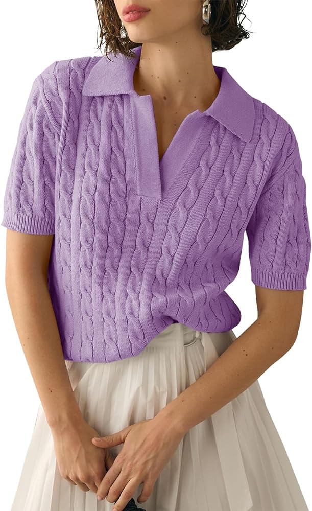 Imily Bela Women's Cable Short Sleeve Sweaters Tops Solid Lapel V Neck Knit Casual Soft Pullover ... | Amazon (US)