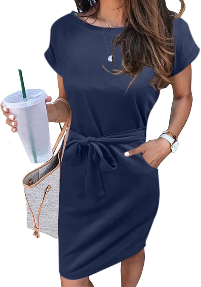 MEROKEETY Women's Summer Striped Short Sleeve T Shirt Dress Casual Tie Waist with Pockets | Amazon (US)