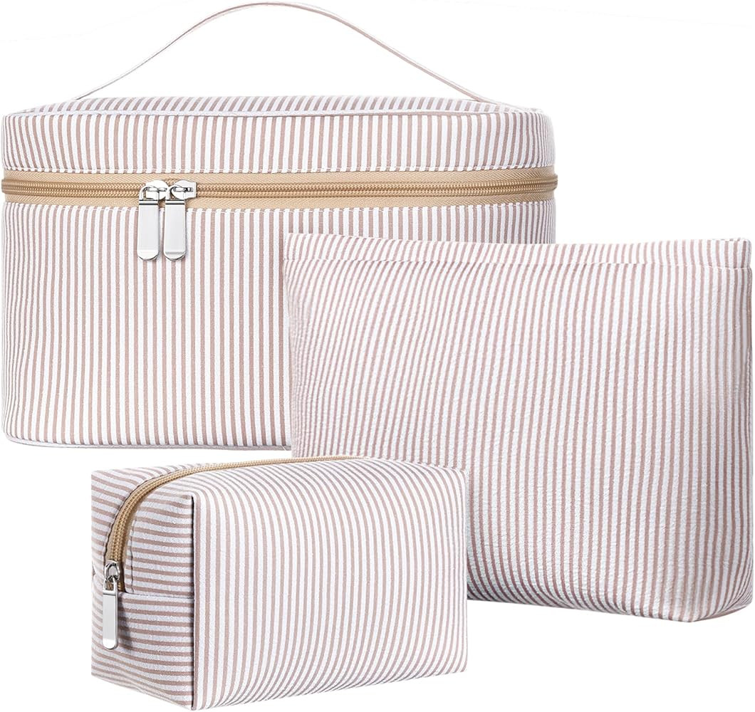 3 Pieces Makeup Bag Set for Women Cute Seersucker Cosmetic Pouch Travel Toiletry Bag Preppy Small... | Amazon (US)