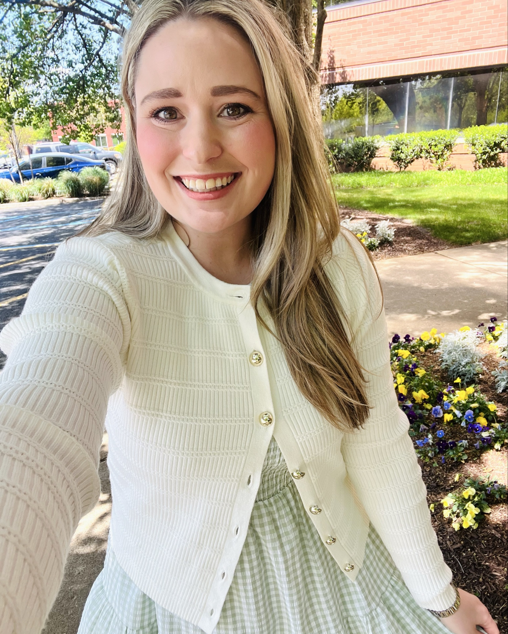 Favorite spring outfit!! White cardigan with a green gingham dress 🤍💚 wearing size M in the cardigan and size L in the dress!  

#LTKootd #LTKSeasonal