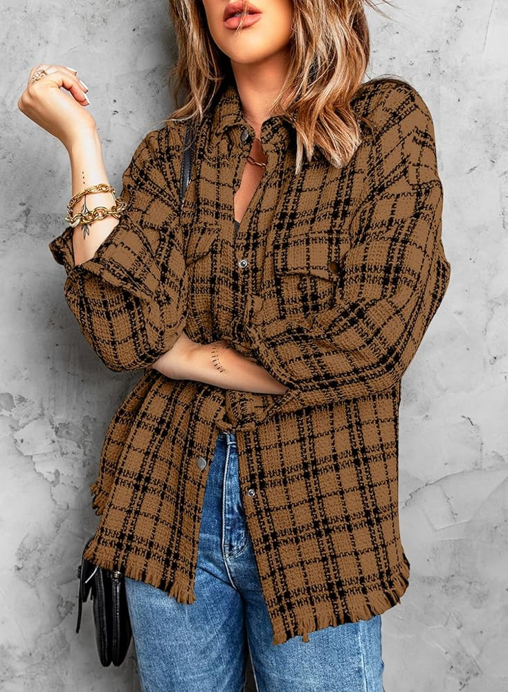 Sidefeel Womens Collared Dropped Shoulder Button Down Pocket Front Plaid Shacket Jacket | Amazon (US)