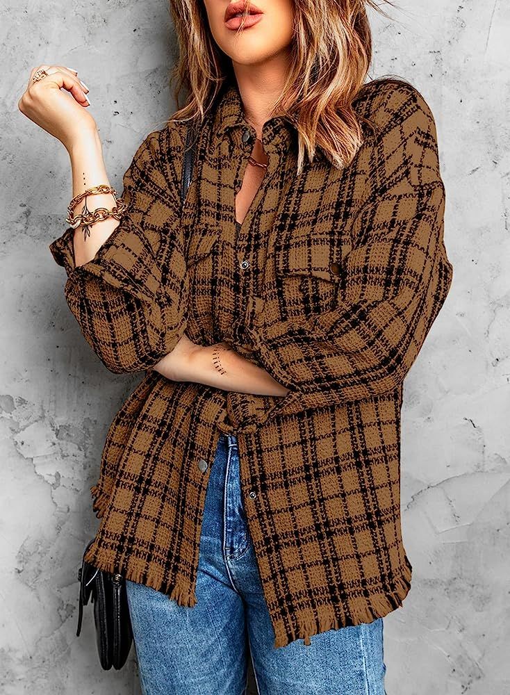 Sidefeel Womens Collared Dropped Shoulder Button Down Pocket Front Plaid Shacket Jacket | Amazon (US)