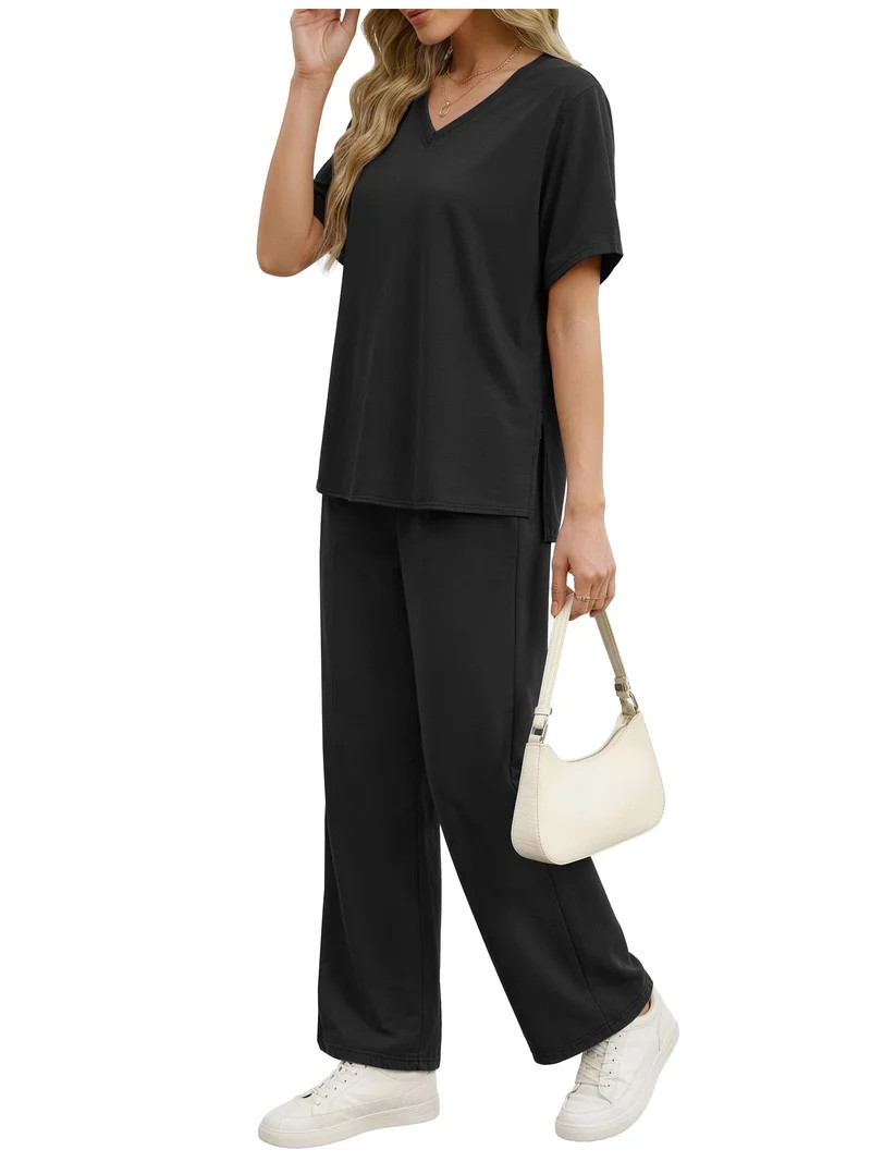 Fantaslook Lounge Sets for Women Casual 2 Piece Outfits Summer V Neck Short Sleeve Tops and Wide ... | Walmart (US)